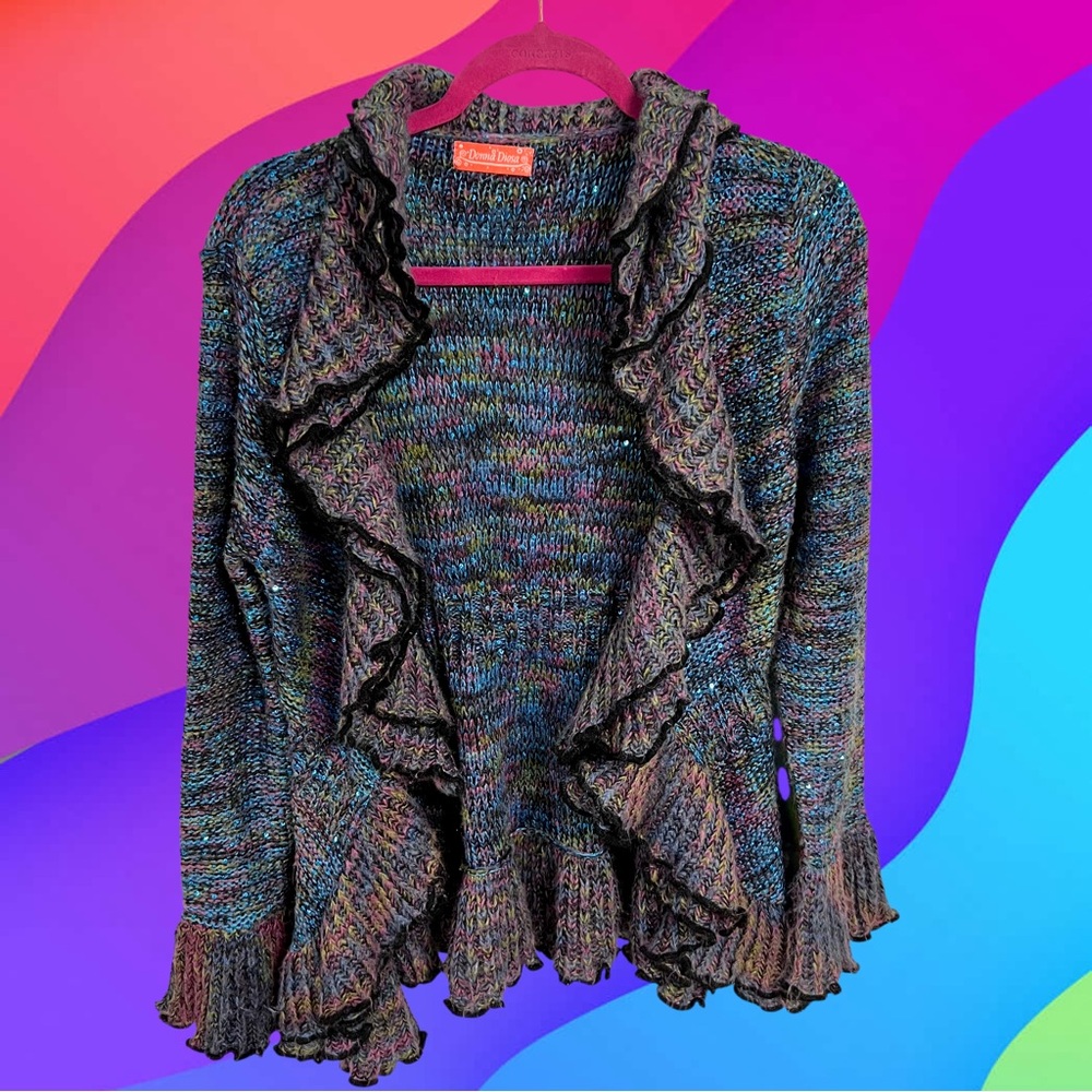 Donna Diosa Y2K rainbow sequined ruffle knit cardigan